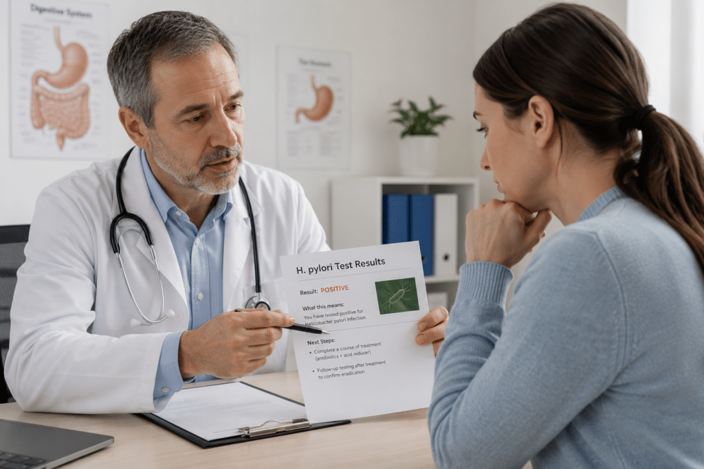 Patient discussing H. pylori treatment outcomes with a healthcare professional.