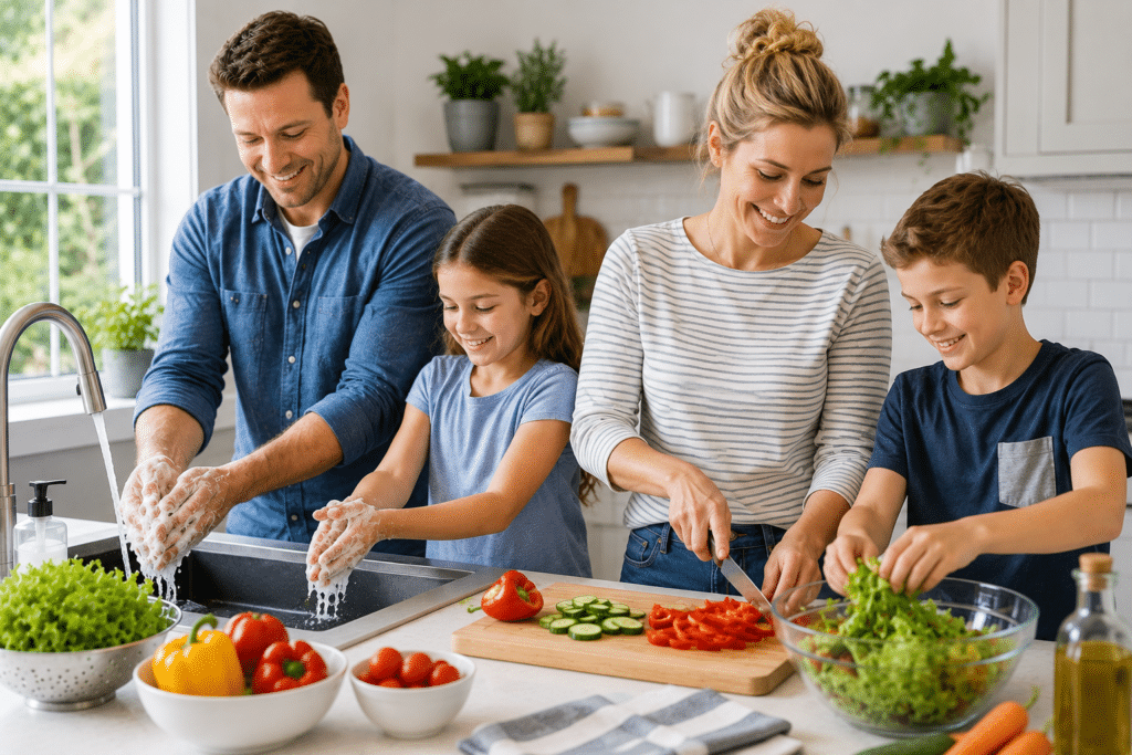 Family taking steps to reduce H. pylori cross-infection at home.