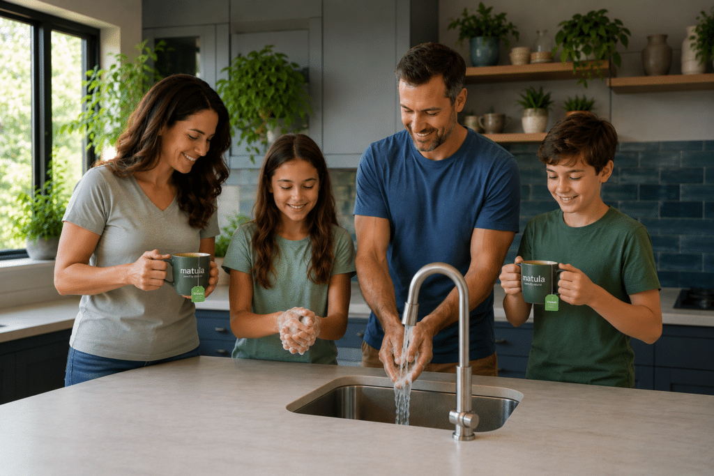 Family taking preventative steps to reduce H. pylori transmission at home.