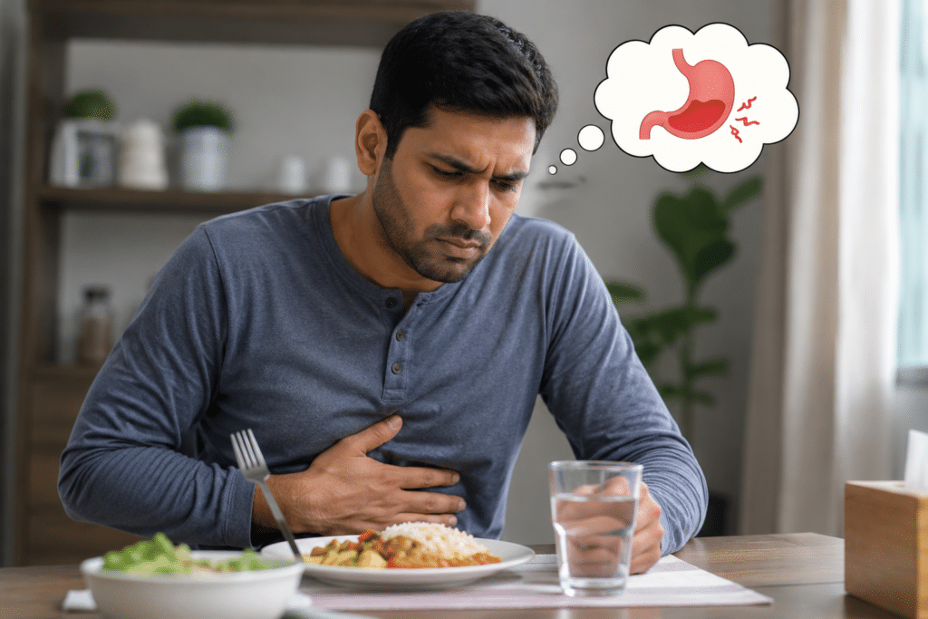 Common digestive symptoms associated with H. pylori including bloating, reflux, stomach discomfort, and frequent burping.