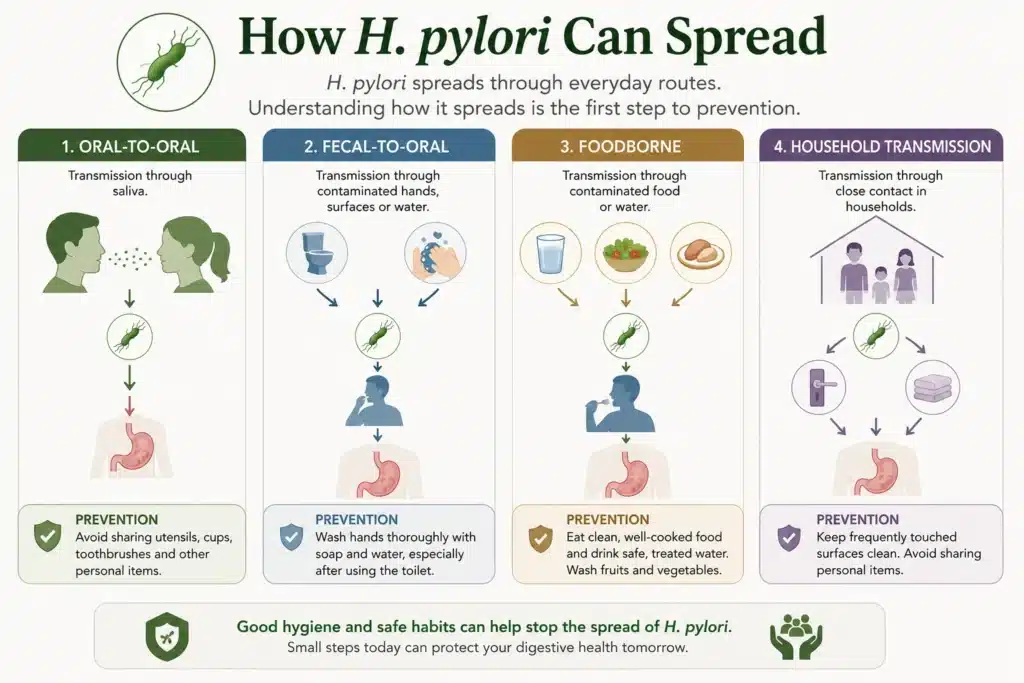 Common household transmission routes associated with H. pylori infection.