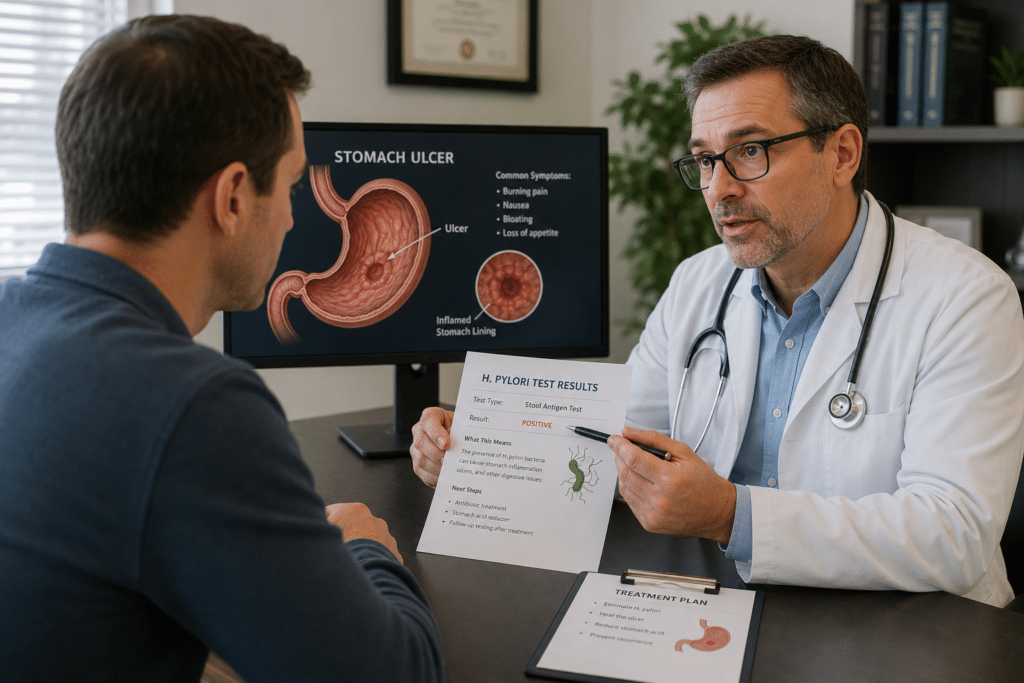 Doctor discussing stomach ulcer causes and H. pylori testing with a patient.