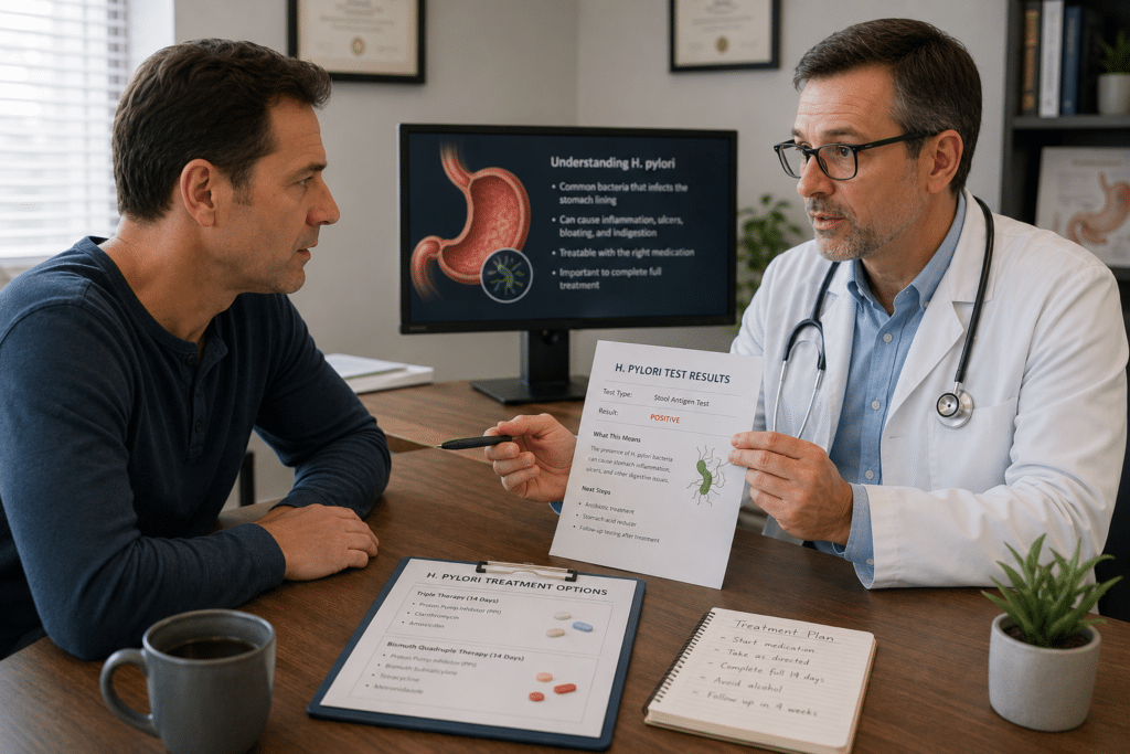 Patient discussing H. pylori treatment options during a healthcare consultation.