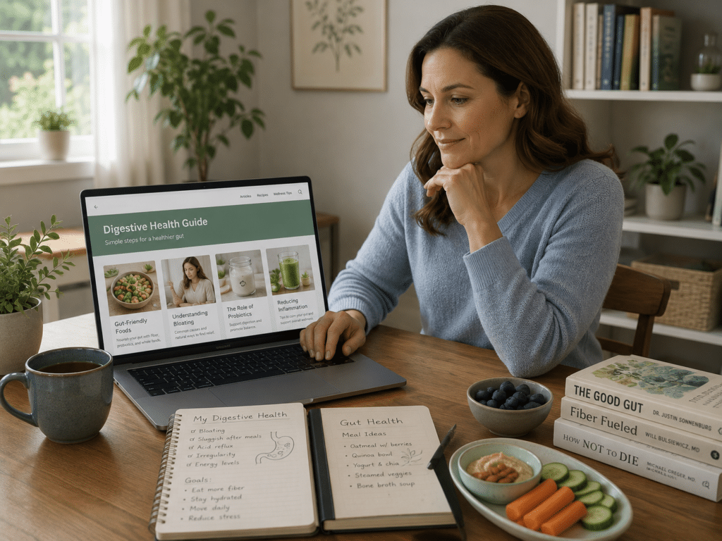 Person researching health conditions associated with H. pylori while reviewing digestive health information.