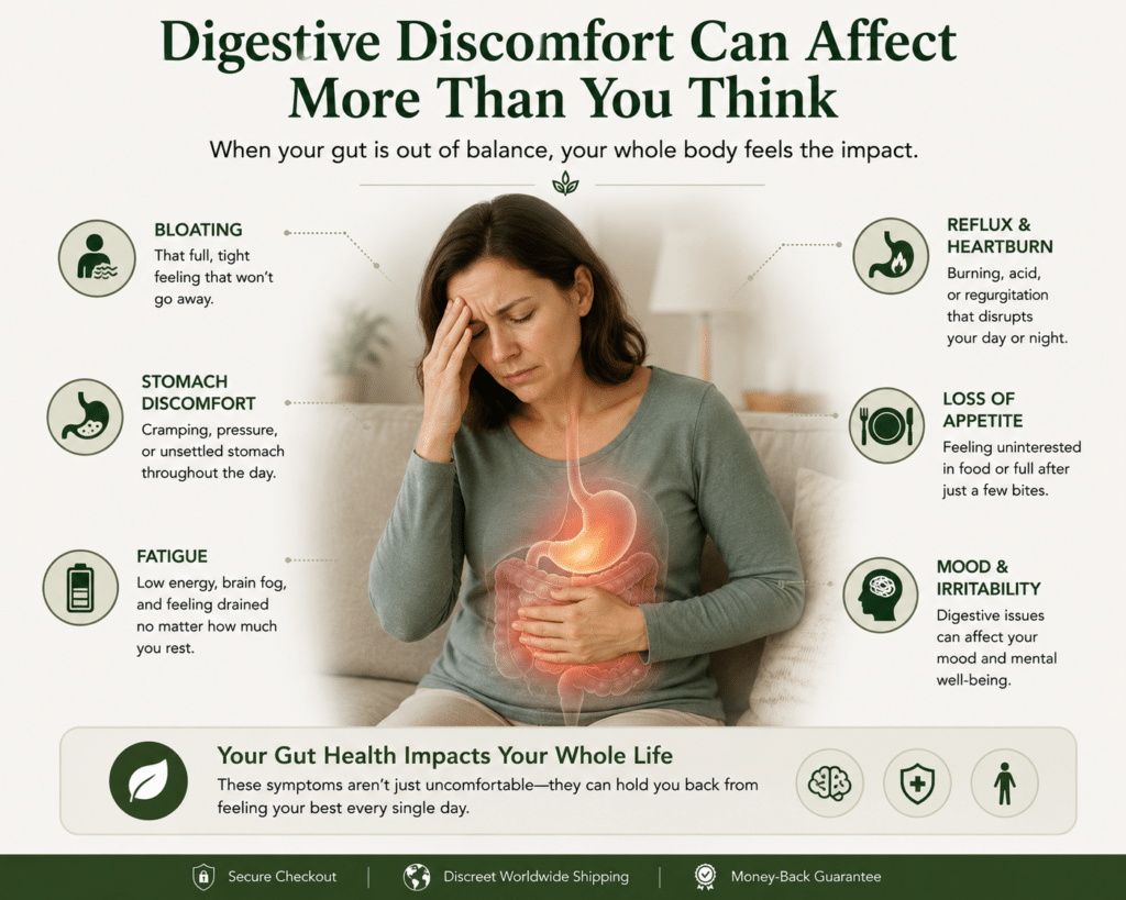 Common H. pylori symptoms including bloating reflux and stomach discomfort.