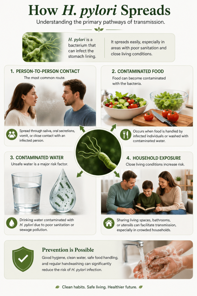 Common ways H. pylori infections spread.