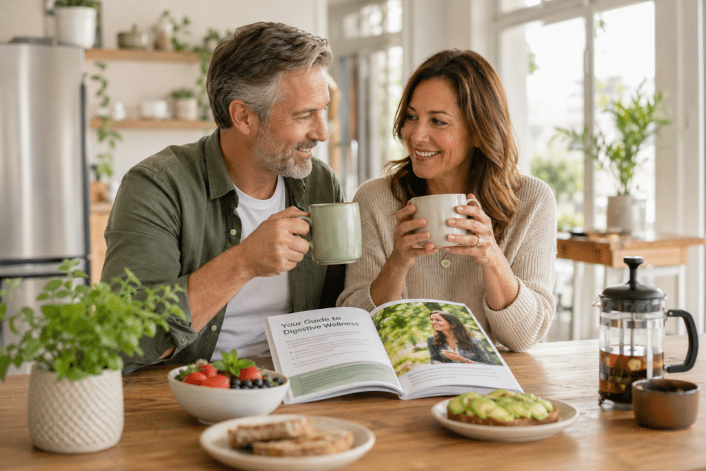 Smiling couple enjoying herbal tea while reading a digestive wellness guide at a healthy breakfast table.