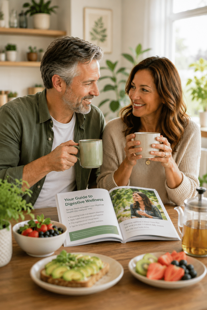 Couple enjoying a healthy breakfast with herbal tea and a digestive health guide in a bright home.