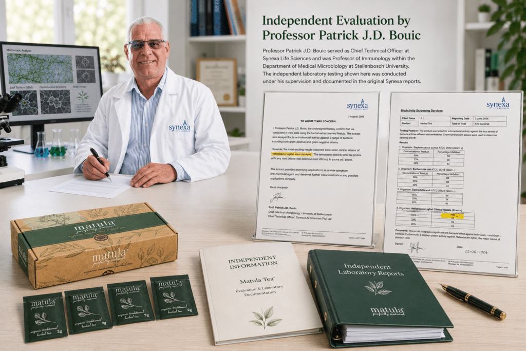 Independent laboratory evaluation of genuine Matula Tea by Professor Patrick J.D. Bouic with Synexa laboratory reports and authentic product packaging.