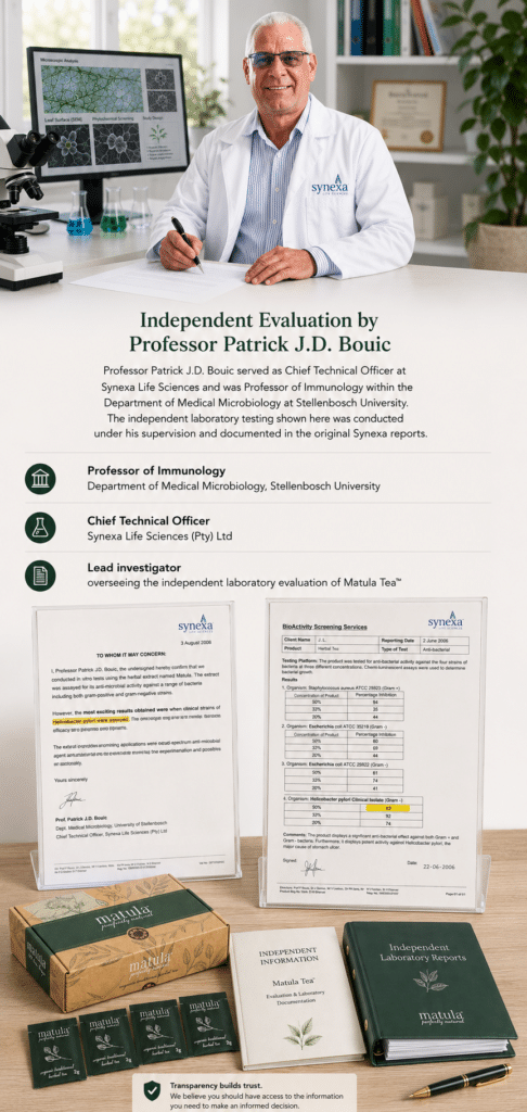 Professor Patrick J.D. Bouic presenting independent Synexa laboratory evaluation of genuine Matula Tea with original laboratory reports and scientific documentation.