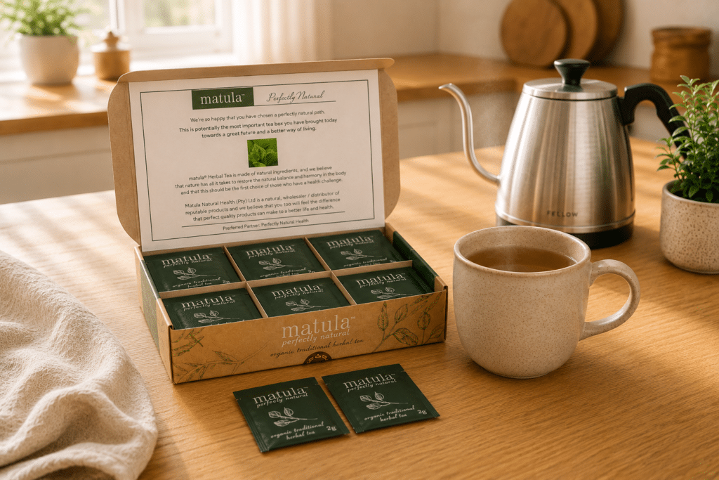 Freshly brewed genuine Matula Tea™ prepared as part of the Complete 30-Day Matula Tea™ Program.