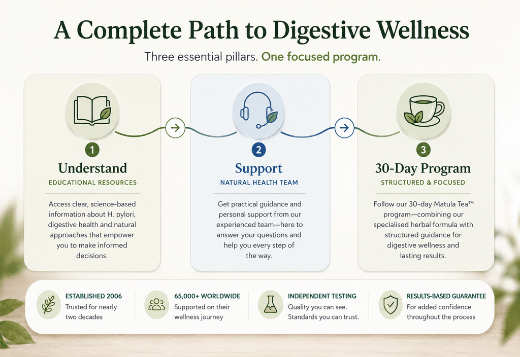 3-step illustration showing how Matula Naturals helps people understand H. pylori, receive personalised support and access the structured 30-Day Matula Tea™ Program.