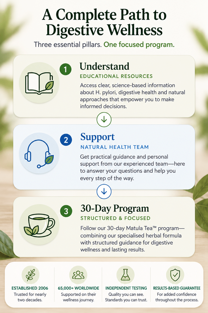 Three-step illustration showing how Matula Naturals helps people understand H. pylori, receive personalised support and access the structured 30-Day Matula Tea™ Program.