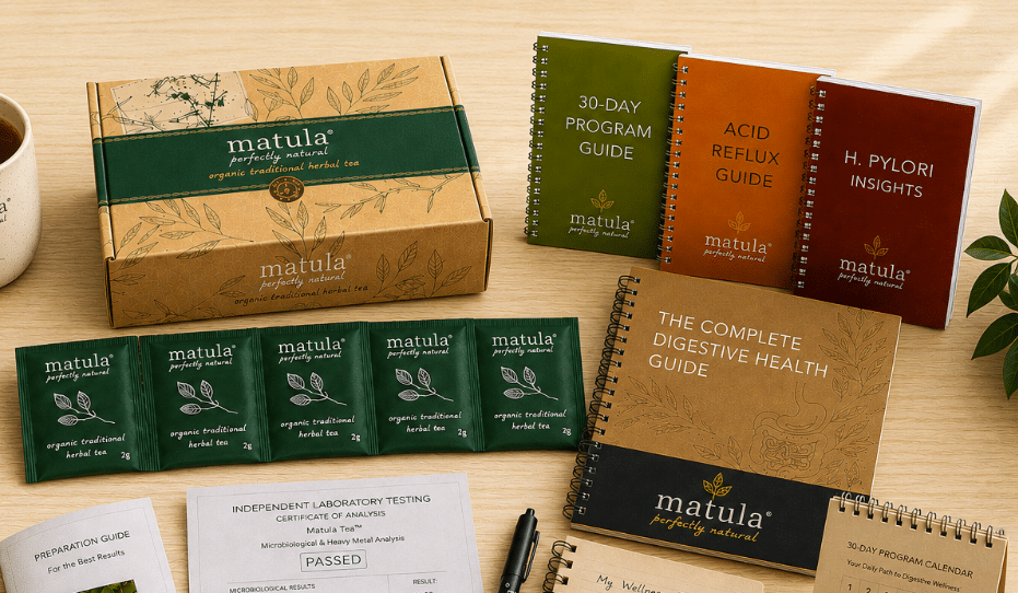 Complete 30-Day Matula Tea™ Program showing genuine Matula Tea™, educational wellness guides, and five tea sachets included with the program.