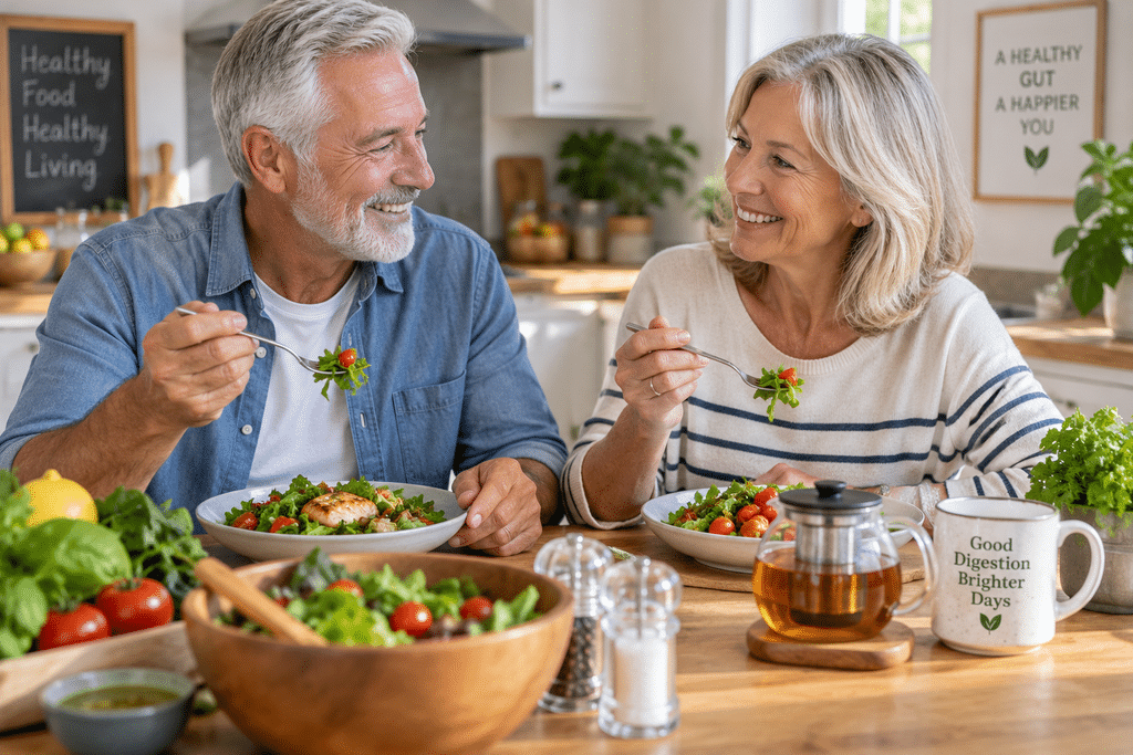 Older couple enjoying a healthy meal together at home to support digestive wellness