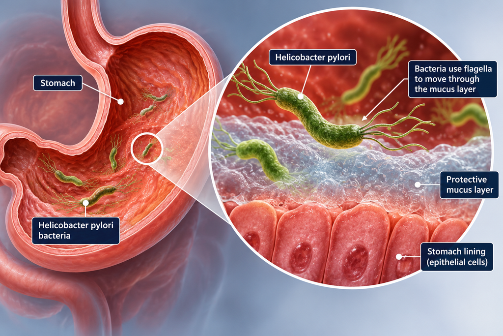 Medical illustration of Helicobacter pylori bacteria in the stomach lining.