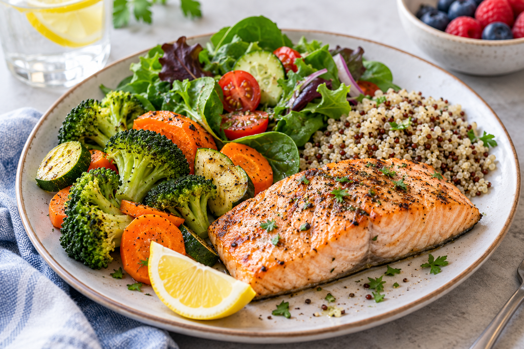 Balanced meal featuring vegetables and whole foods for general digestive wellness.